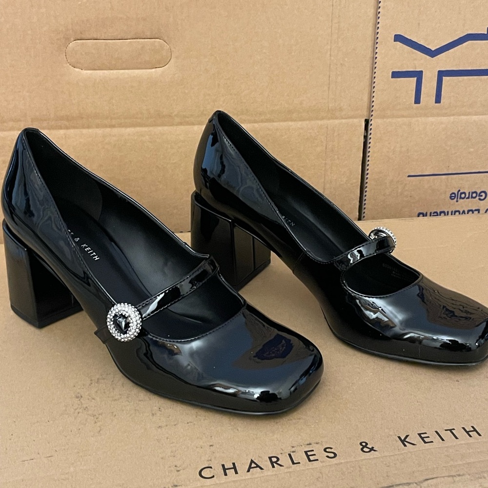 Charles & Keith Black Patent Leather Mary Jane Heels